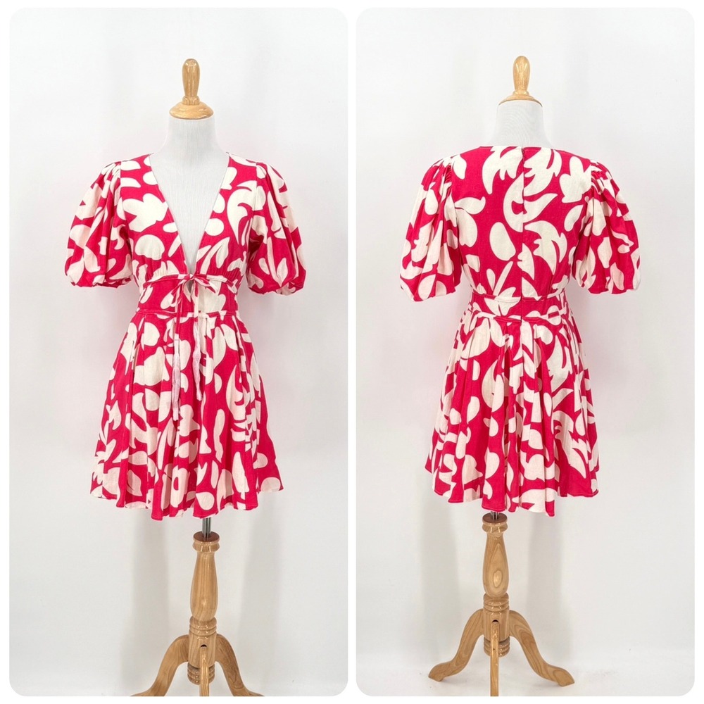 HOUSE OF HARLOW 1960 Mini Dress Women Small Pink Floral Puff Sleeve Tie Front - Picture 2 of 15
